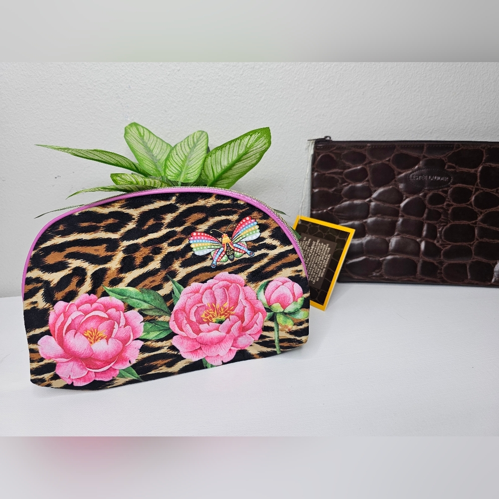 Bundle of 2 Cosmetic Bags  Estée Lauder Croc-Embossed & Floral Leopard Print New